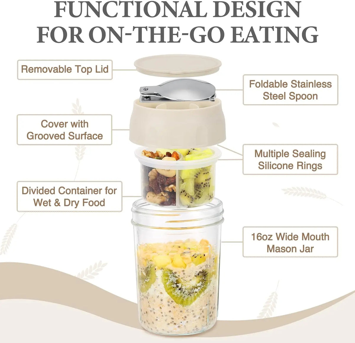 16oz Overnight Oats Container with Spoon & Divided Compartments