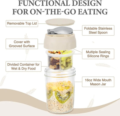 16oz Overnight Oats Container with Spoon & Divided Compartments