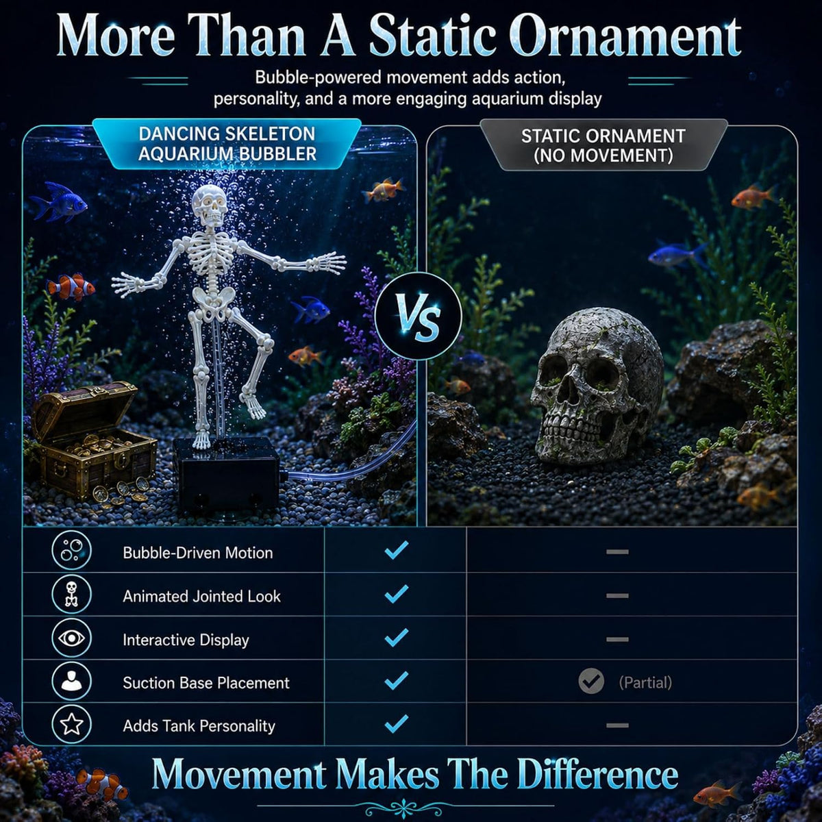 Dancing Skeleton Aquarium Ornament, Air-Powered Moving Fish Tank Decor with Suction Base