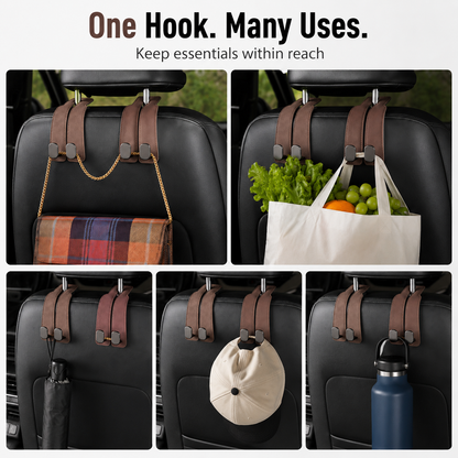 Leather Car Seat Headrest Hooks – Double Metal Purse & Bag Hangers