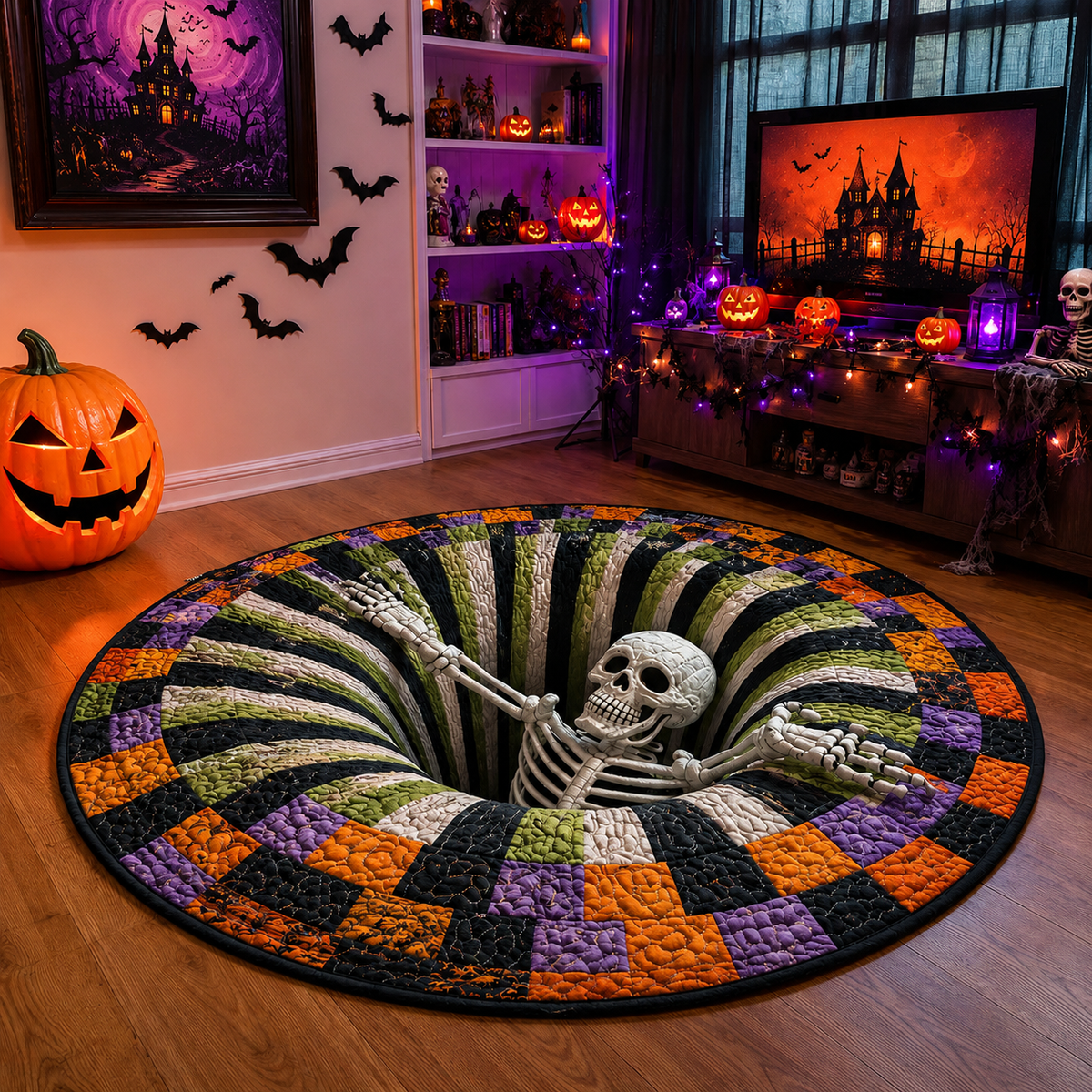 3D Skeleton Vortex Quilted Round Halloween Rug – Rynkeld